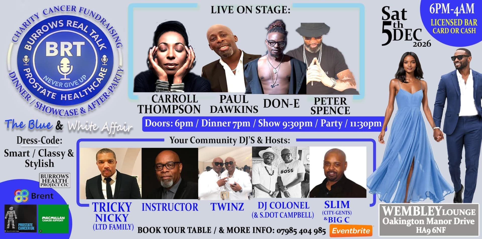 The Blue & White Affair flyer: photographs of Carroll Thompson, Paul Dawkins, Don-E and Peter Spence, the running order, dress code and partner logos.